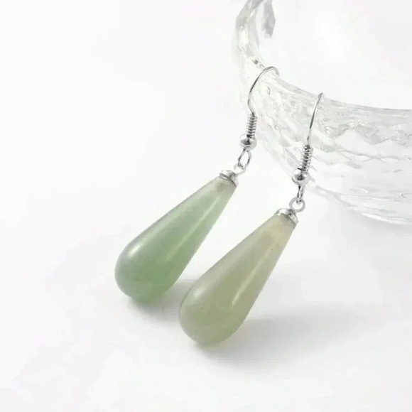 Handcrafted Minimalist Teardrop Green Aventurine Gemstone Pendant Earrings - Picture 1 of 1